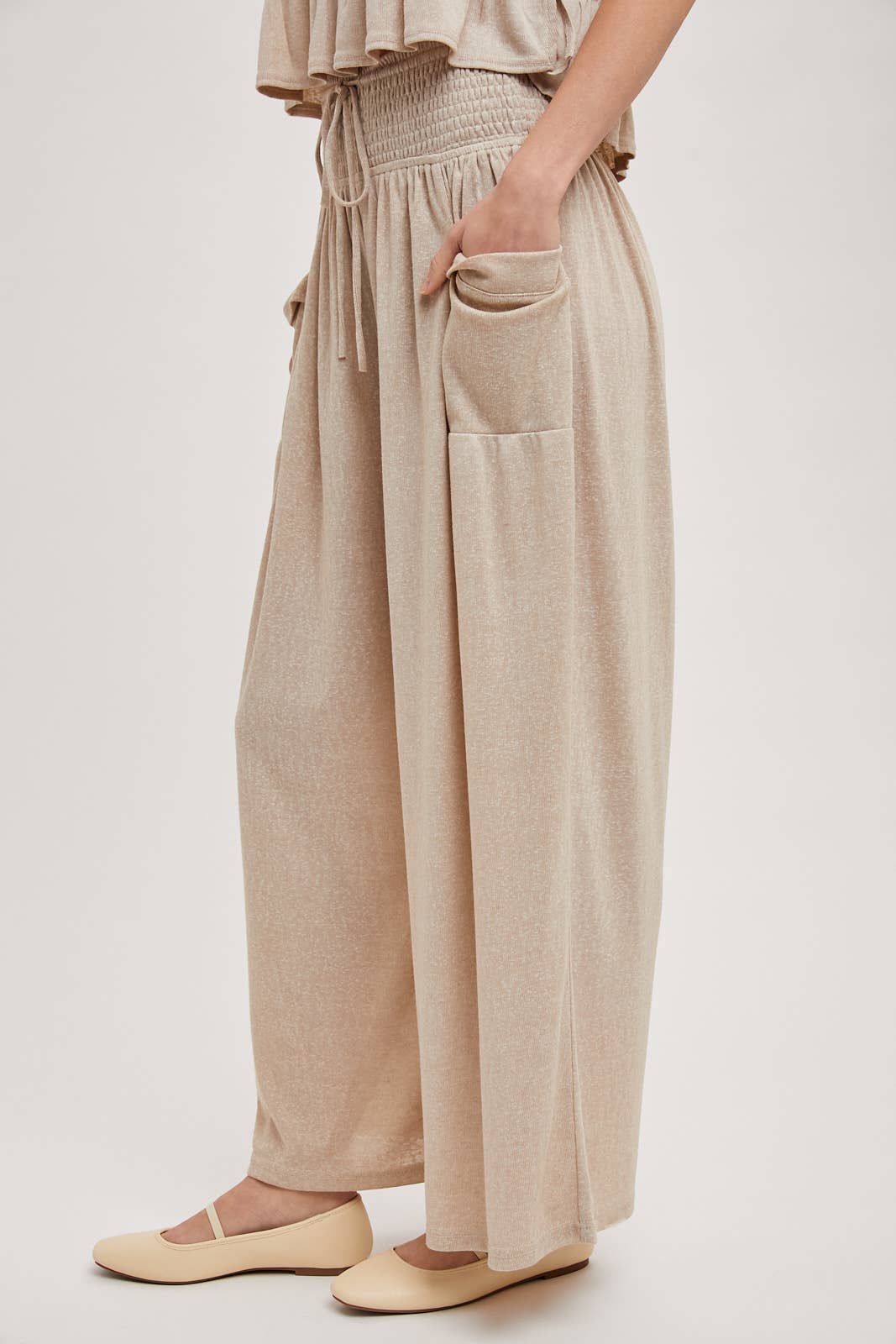 RELAXED KNIT SMOCKED TOP AND WIDE PANTS