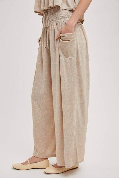 RELAXED KNIT SMOCKED TOP AND WIDE PANTS