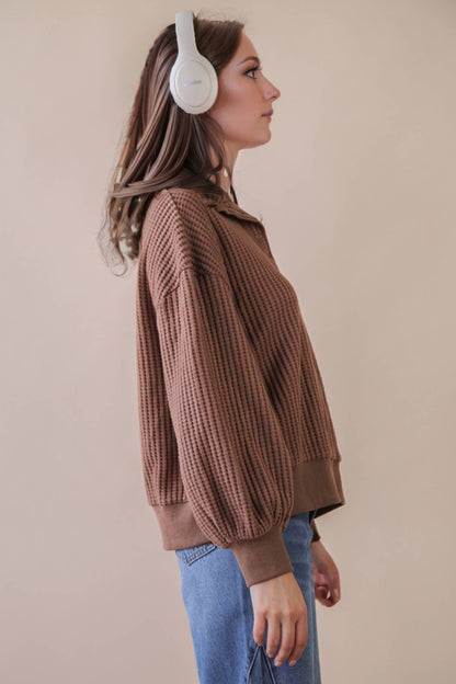 Oversized Half Button Down Casual Waffle Knit Top