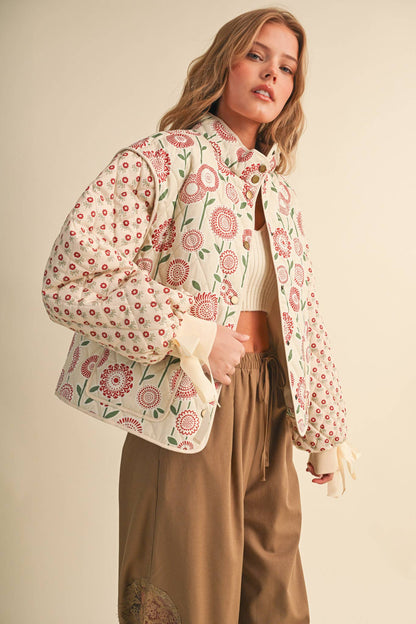 QUILTED MIXED FLORAL PRINT JACKET WITH RIBBON DETAIL