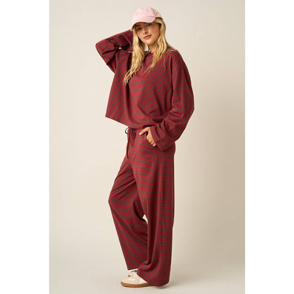 STRIPED PRINT LOUNGE TOP AND PANTS SET: MAROON