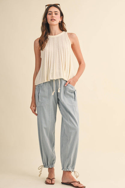 STRIPED PARACHUTE PANTS: DENIM STRIPE