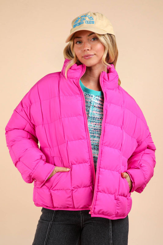 Solid Puffer Padded Warm Jacket: FUCHSIA