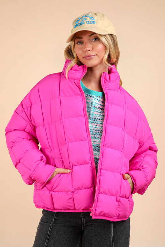 Solid Puffer Padded Warm Jacket: FUCHSIA