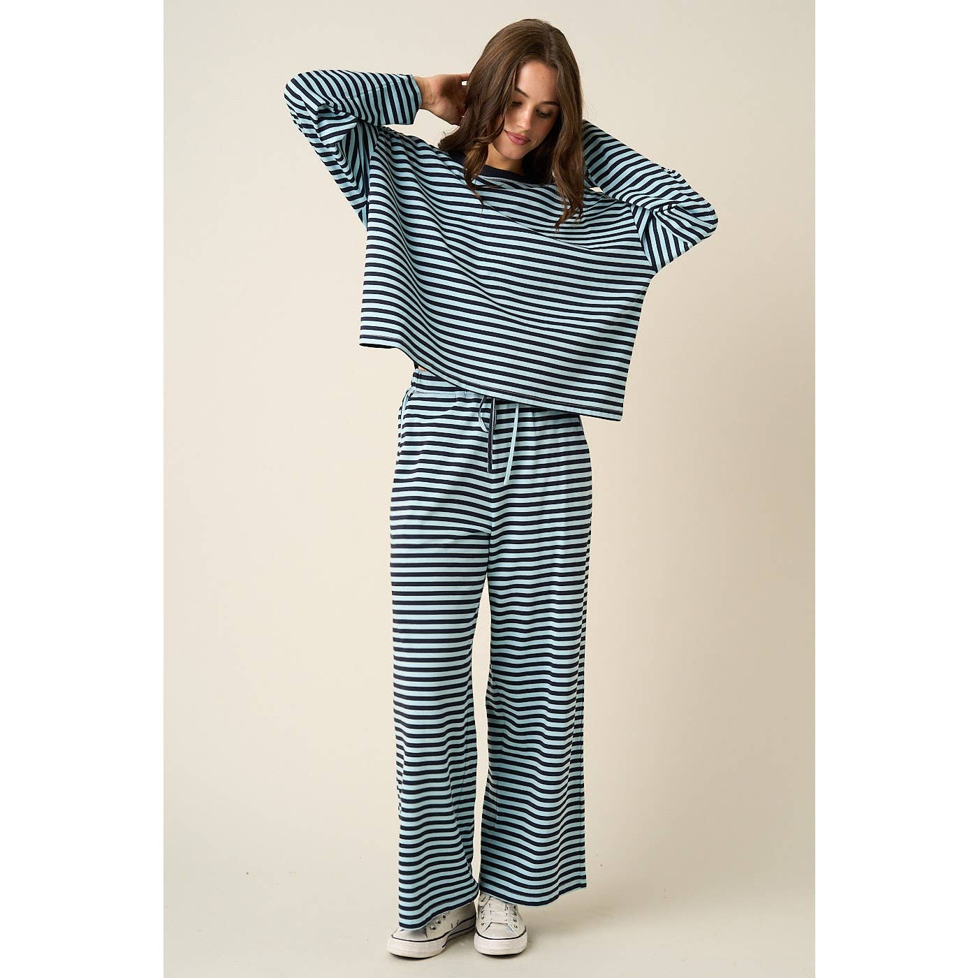 STRIPED PRINT LOUNGE TOP AND PANTS SET: SKY BLUE