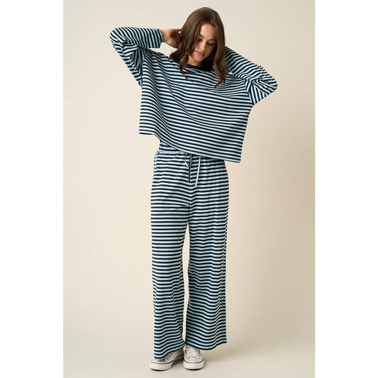 STRIPED PRINT LOUNGE TOP AND PANTS SET: SKY BLUE