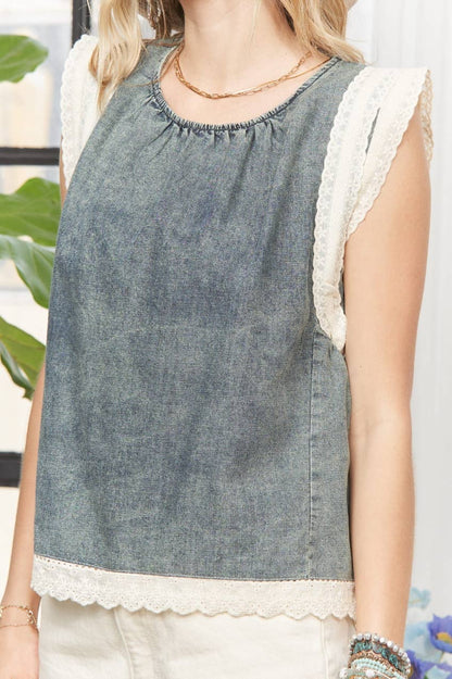 DENIM BLOUSE WITH LACE TRIM