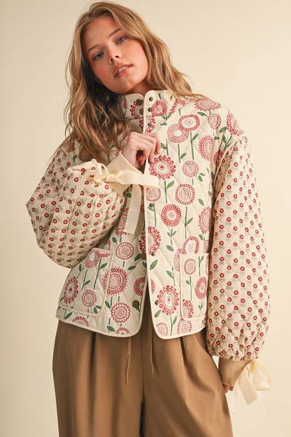 QUILTED MIXED FLORAL PRINT JACKET WITH RIBBON DETAIL