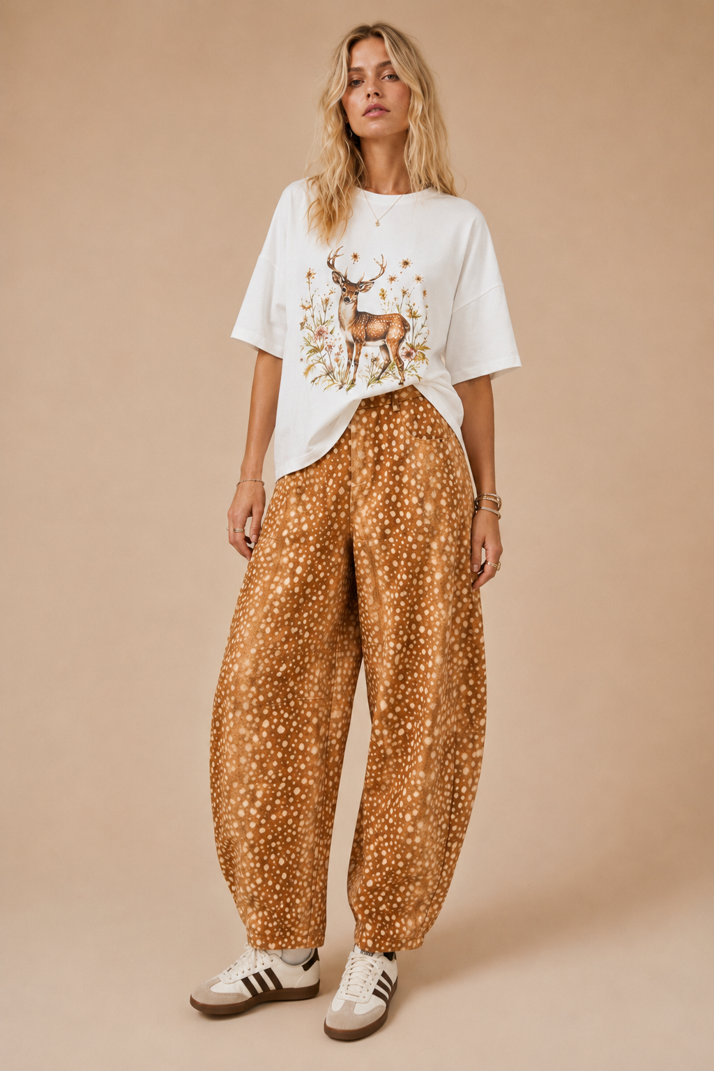 High-Waisted Fawn / Deer Print Barrel-Leg Pants