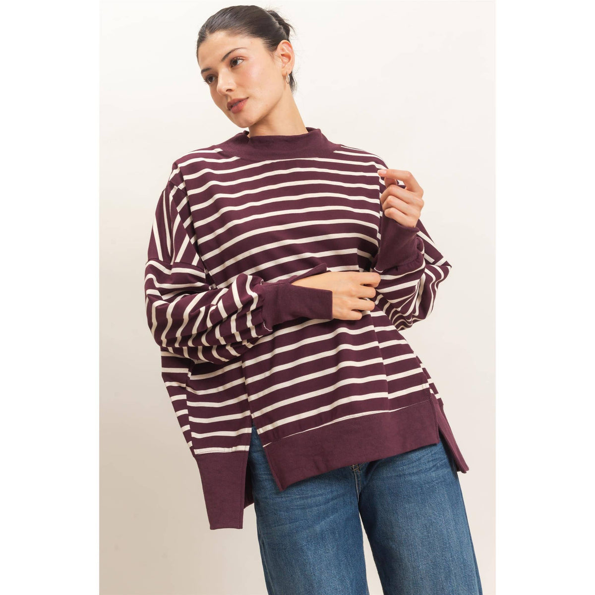 Striped Mock Neck Sweatshirt: RASPBERRY/ECRU