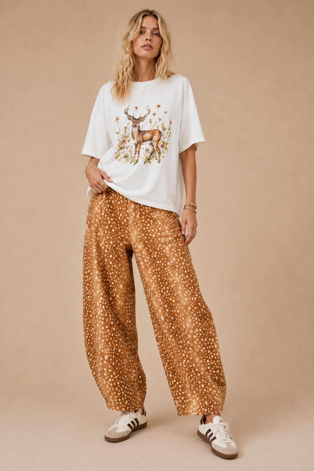 High-Waisted Fawn / Deer Print Barrel-Leg Pants