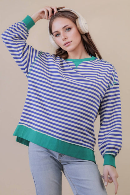 Stripe Comfy Casual Oversized Knit Top: ROYAL BLUE/CREAM