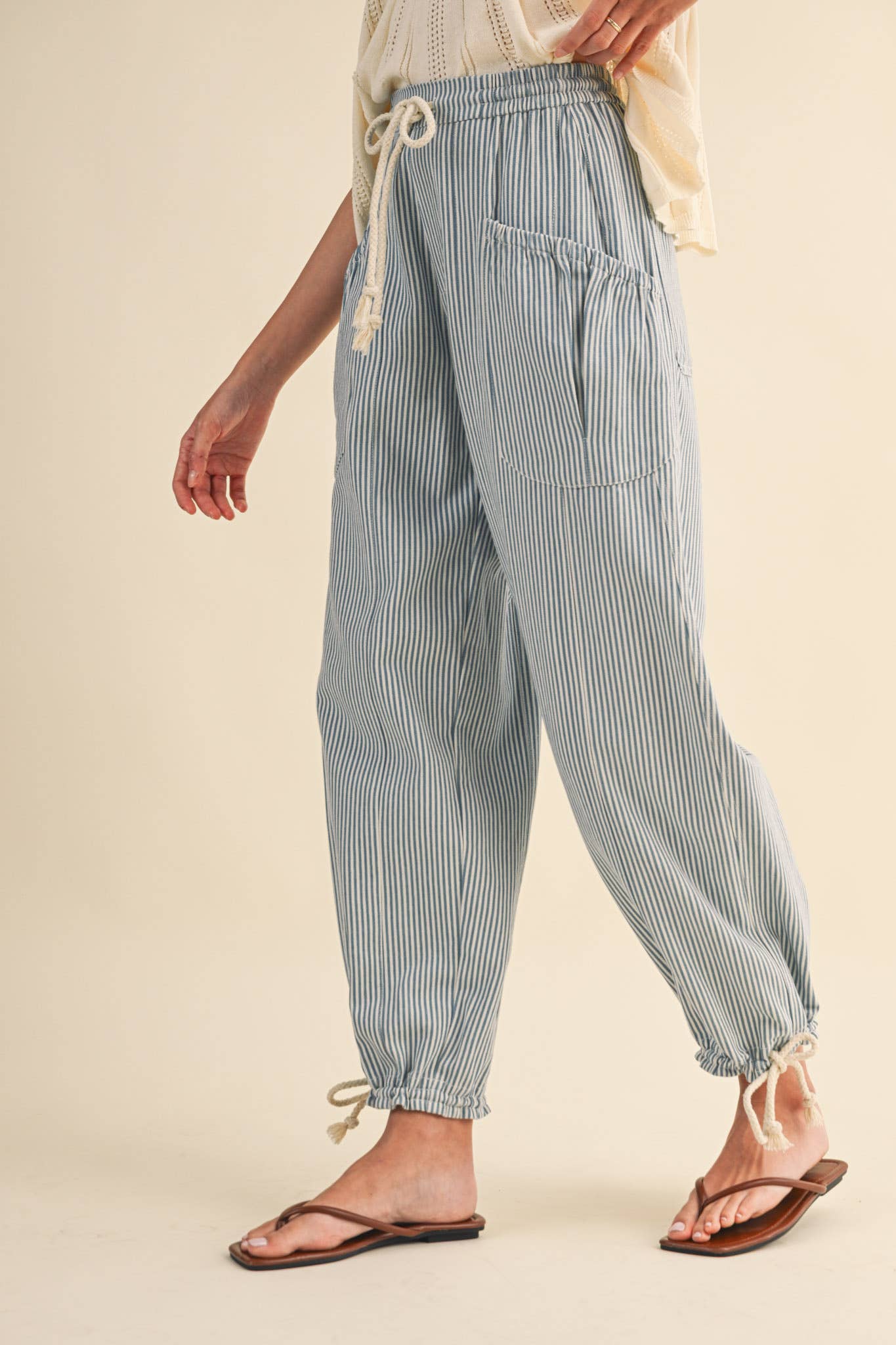 STRIPED PARACHUTE PANTS: DENIM STRIPE