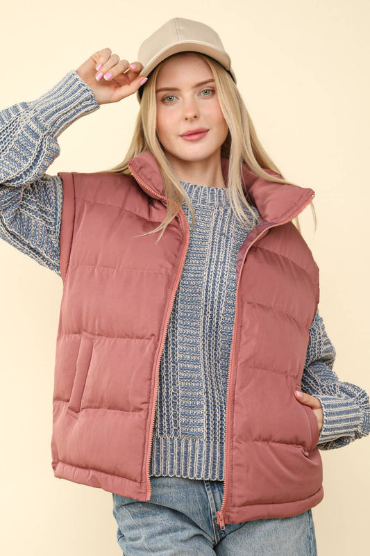 High Neck Casual Comfy Puffer Vest: MAUVE