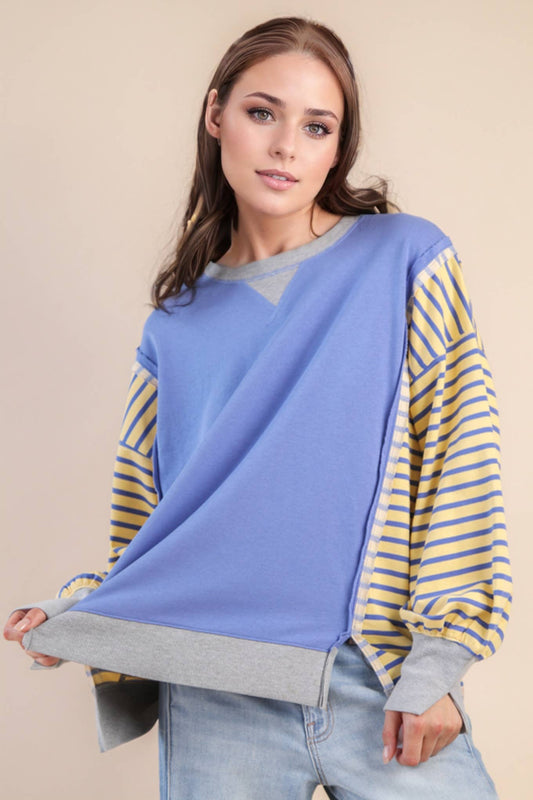 Oversized Striped Casual Knit Top: BLUE