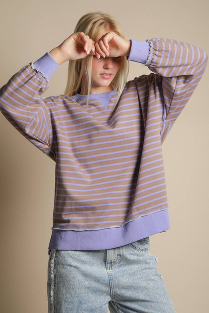 Stripe Comfy Casual Oversized Knit Top: MOCHA/LAVENDER