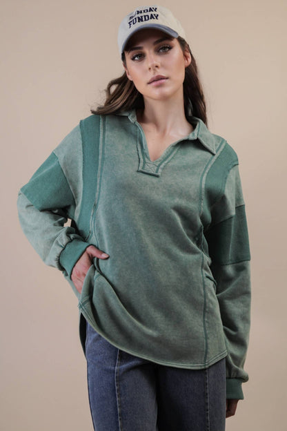 Mineral Washed Oversized French Terry Knit Top: SAGE