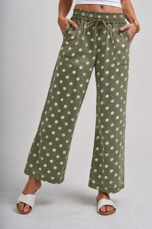 RELAXED WIDE LEG SOFT POLKA DOT DRAWSTRING PANTS: VINTAGE OLIVE