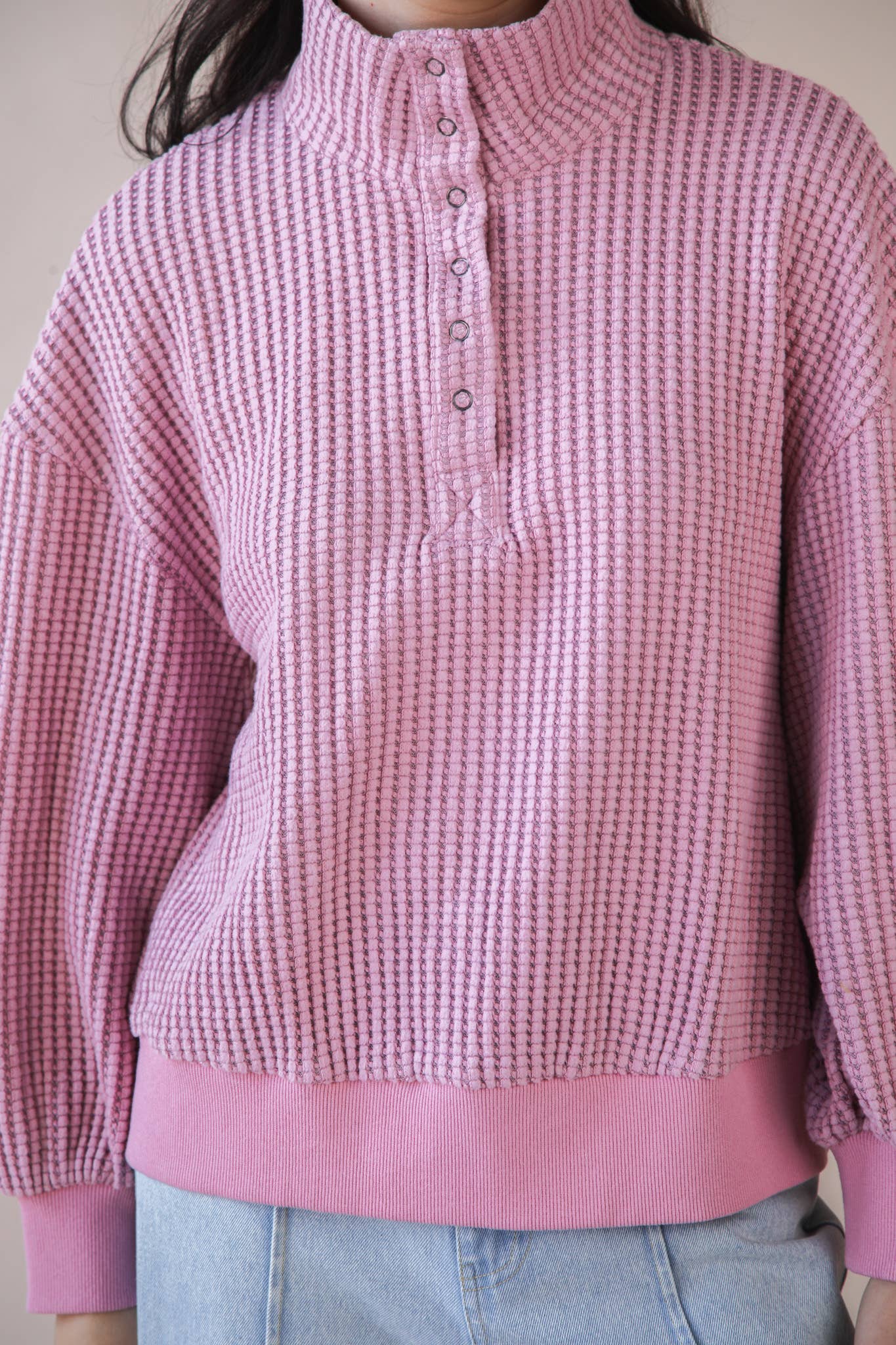 Oversized Half Button Down Casual Waffle Knit Top