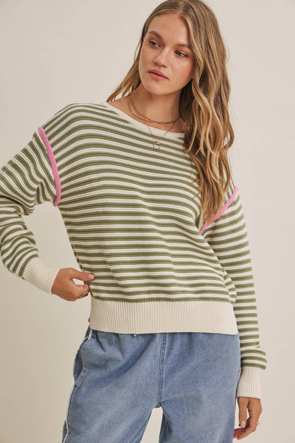 CRISP AIR COTTON SWEATER TOP WITH MODERN POP OF CONTRAST