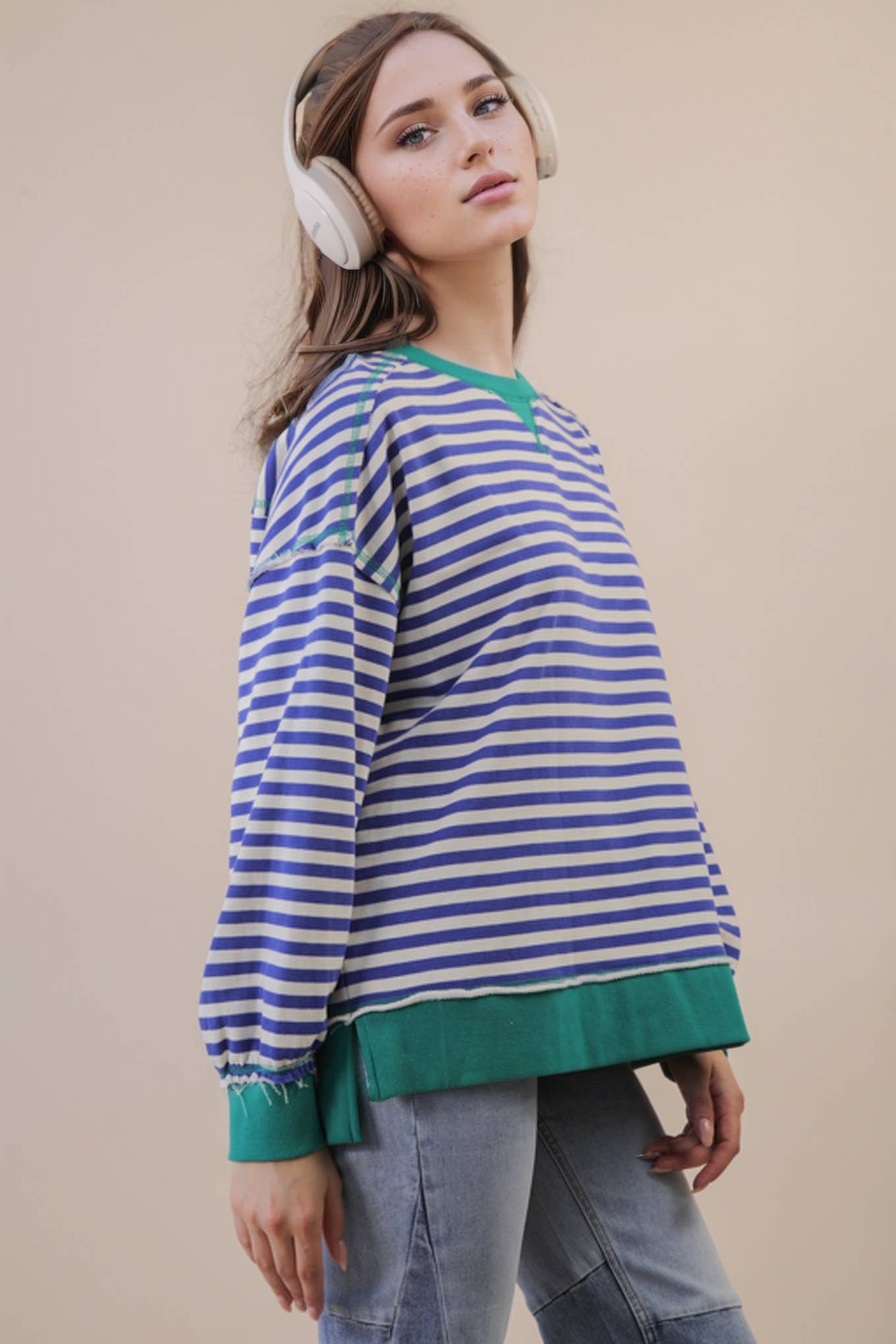 Stripe Comfy Casual Oversized Knit Top: ROYAL BLUE/CREAM