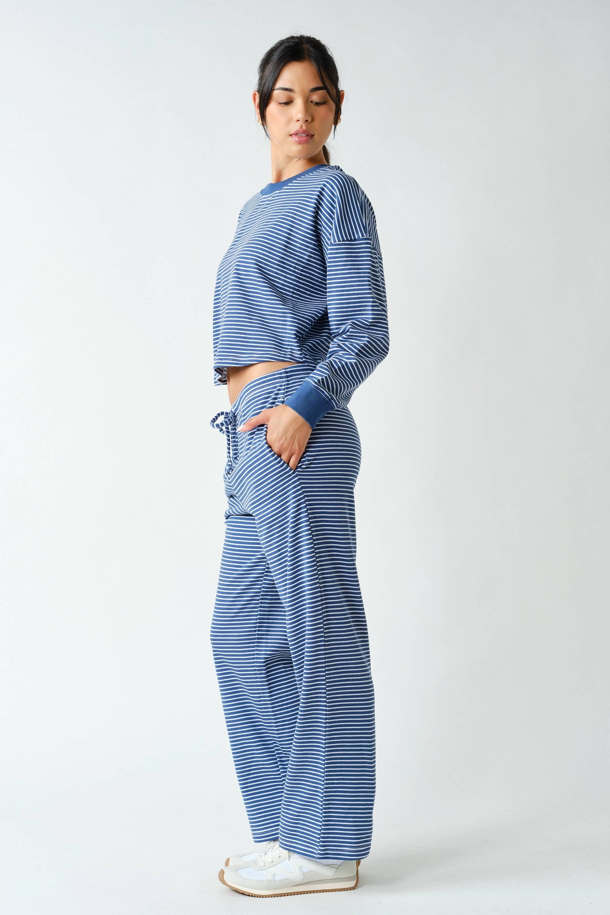 Coastal Striped Crop Top & Pant Set: COASTAL BLUE