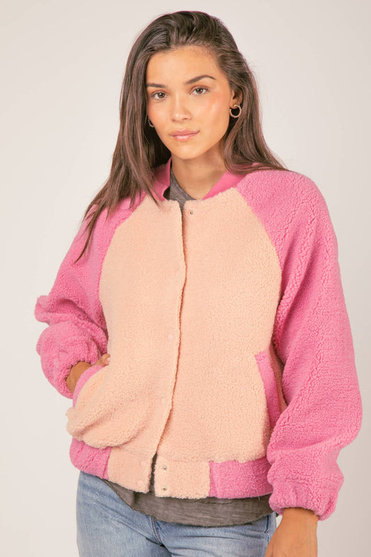 Raglan Sleeve Oversized Color Block Fleece Jacket: Pink