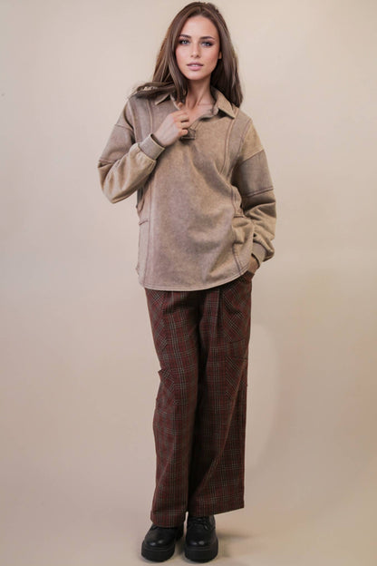 Mineral Washed Oversized French Terry Knit Top: MOCHA