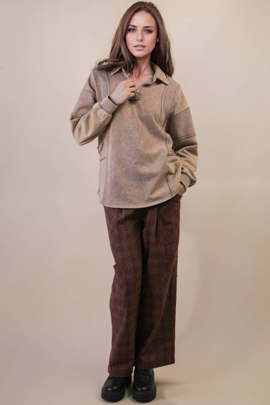 Mineral Washed Oversized French Terry Knit Top: MOCHA