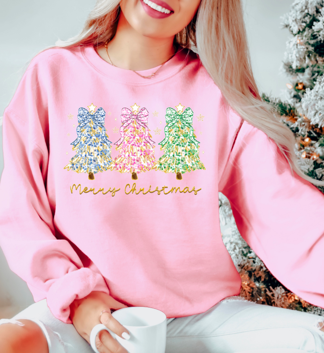 Preppy Chinoiserie Coquette Christmas Trees Sweatshirt