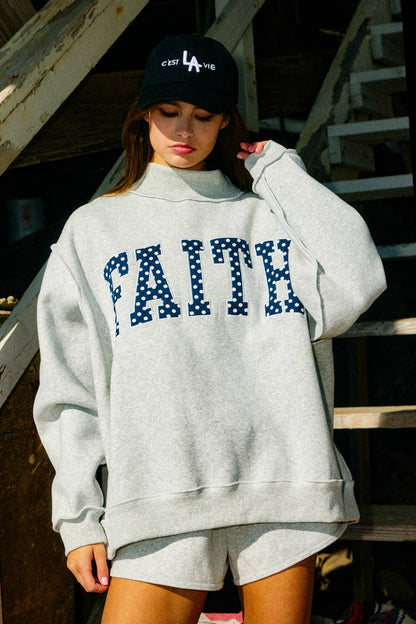 FAITH | Embroidered Polka-Dot Mock Neck Sweatshirt
