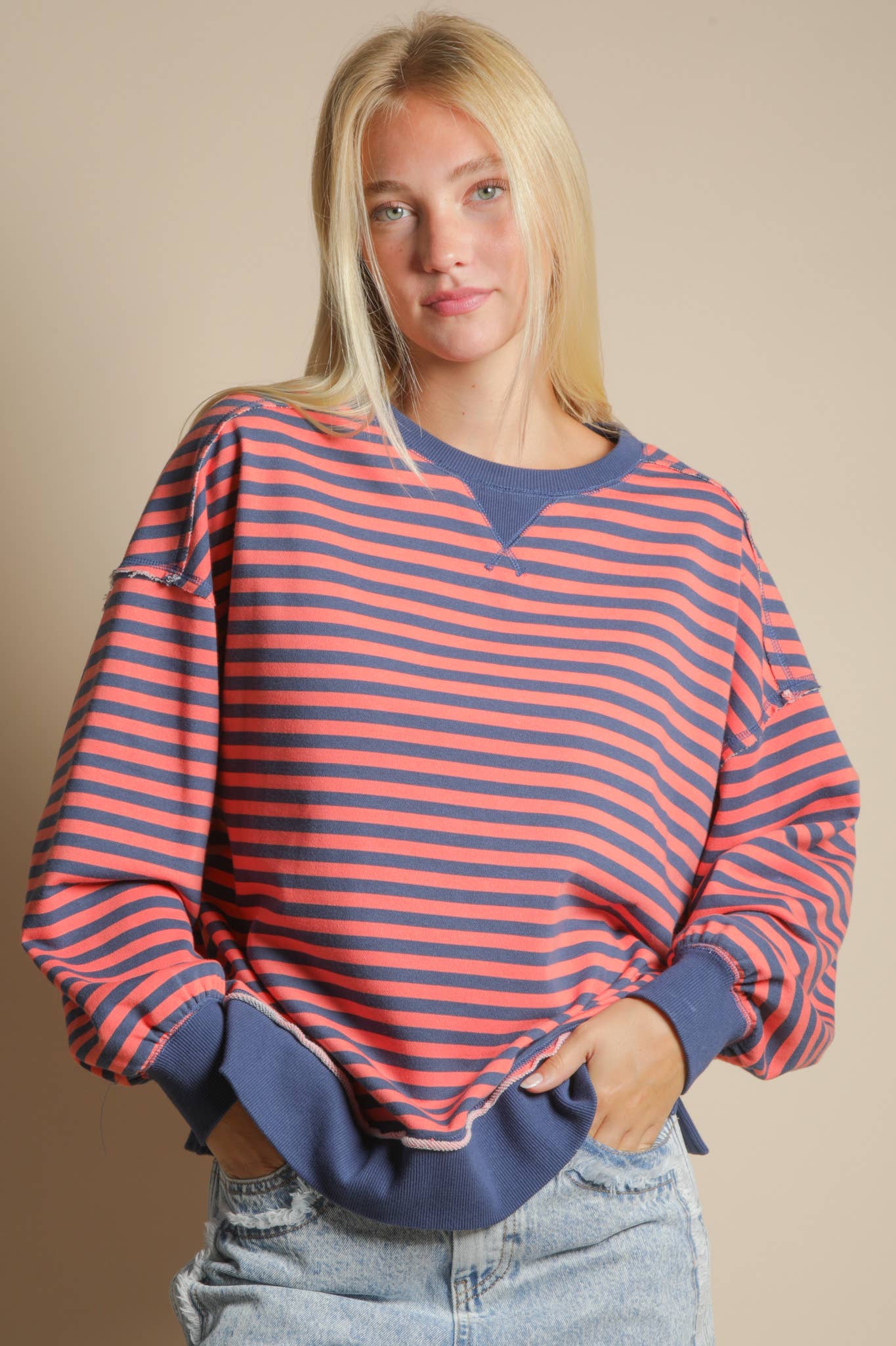 Stripe Comfy Casual Oversized Knit Top: CORAL/NAVY
