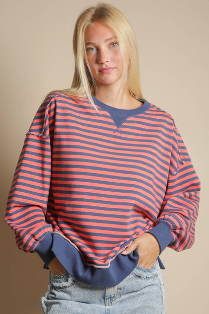 Stripe Comfy Casual Oversized Knit Top: CORAL/NAVY