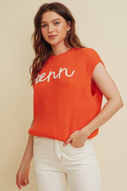 'TENN" EMBROIDERED SLEEVELESS SWEATER TOP