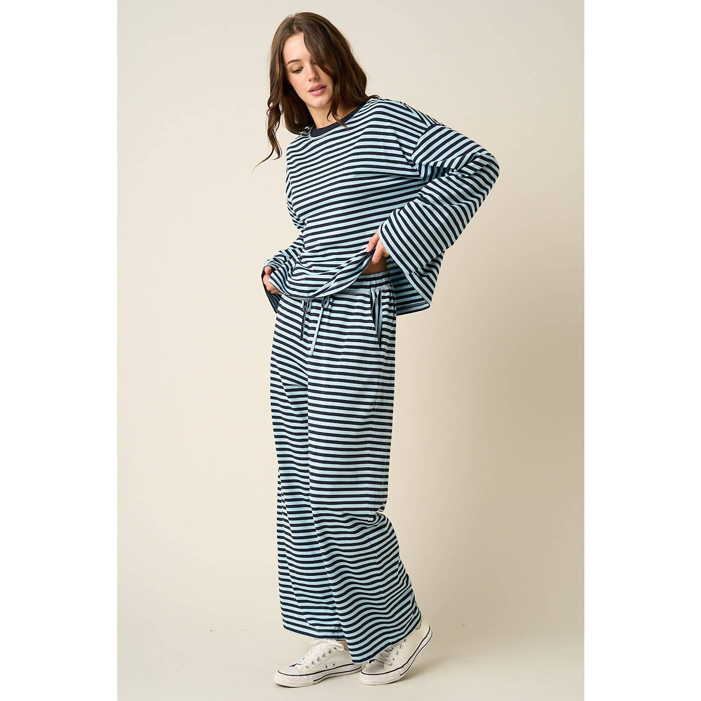 STRIPED PRINT LOUNGE TOP AND PANTS SET: SKY BLUE