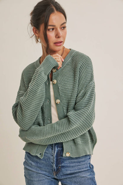 SEASONLESS MINERAL-WASHED COTTON WAFFLE BUTTON-DOWN CARDIGAN: DUSTY GREEN