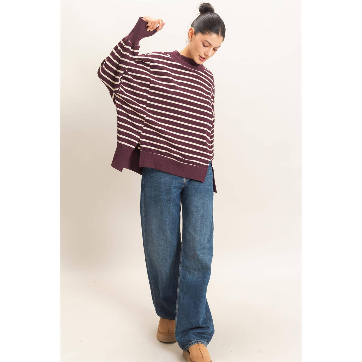 Striped Mock Neck Sweatshirt: RASPBERRY/ECRU