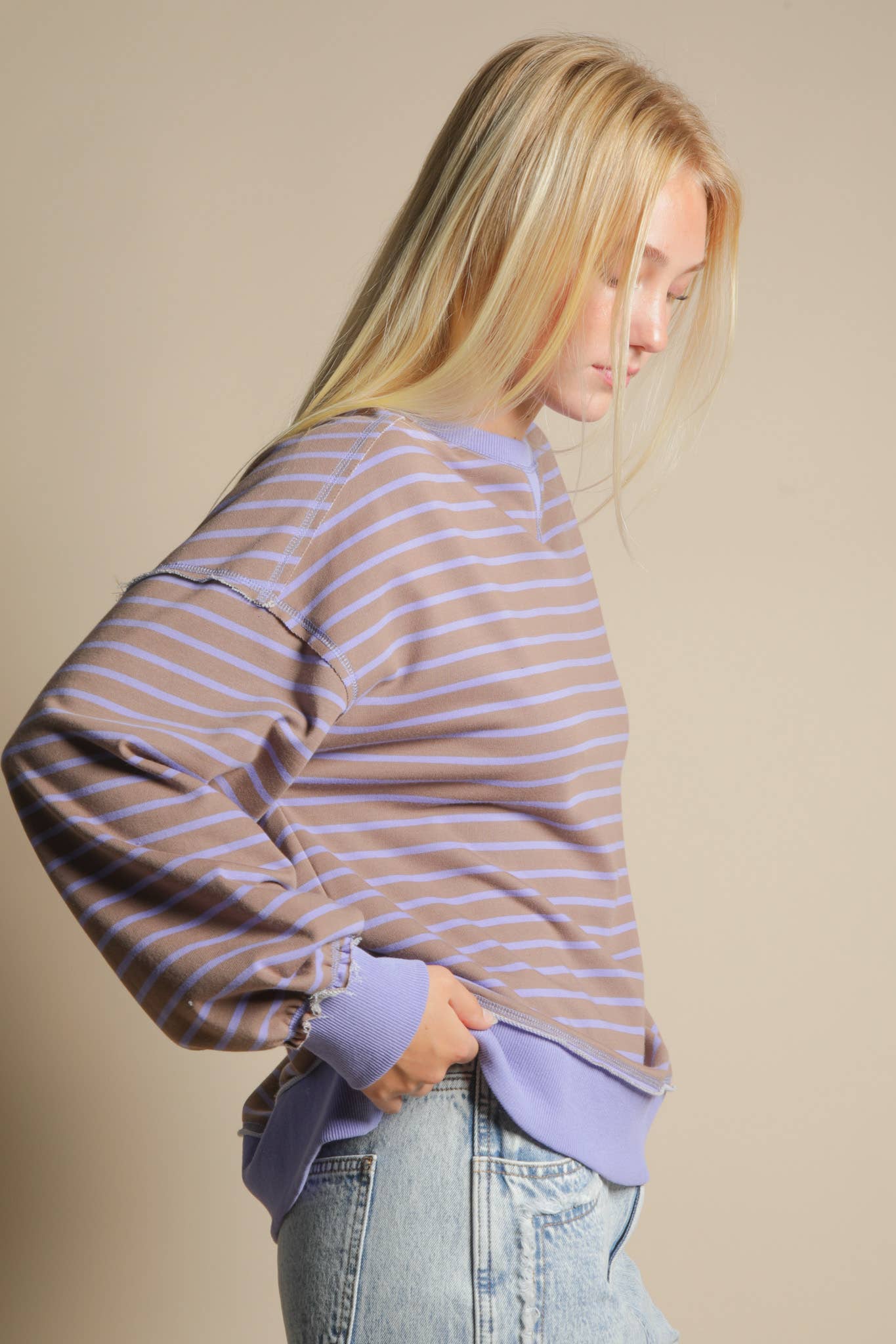 Stripe Comfy Casual Oversized Knit Top: MOCHA/LAVENDER