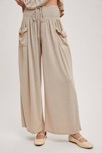 RELAXED KNIT SMOCKED TOP AND WIDE PANTS