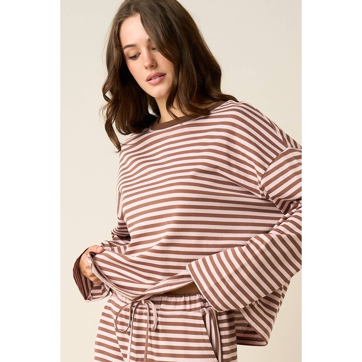STRIPED PRINT LOUNGE TOP AND PANTS SET: VINTAGE PINK