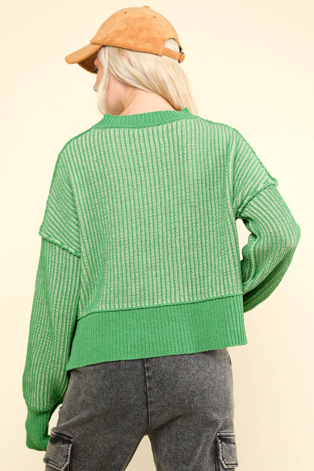Two Tone Striped Casual Stripe Sweater-Green