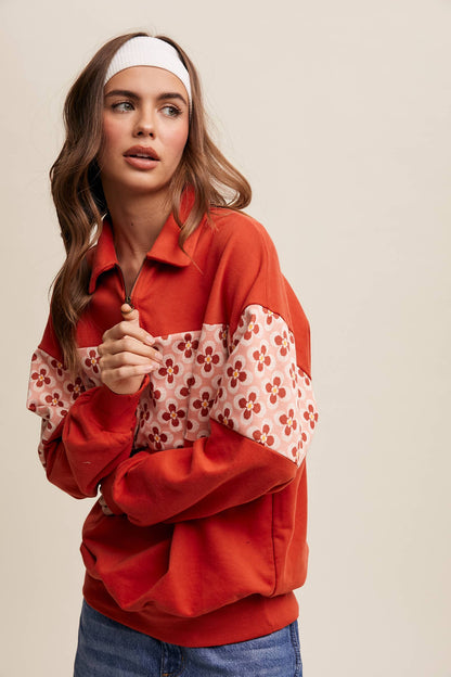 Retro Flower Panel Half-Zip Pullover