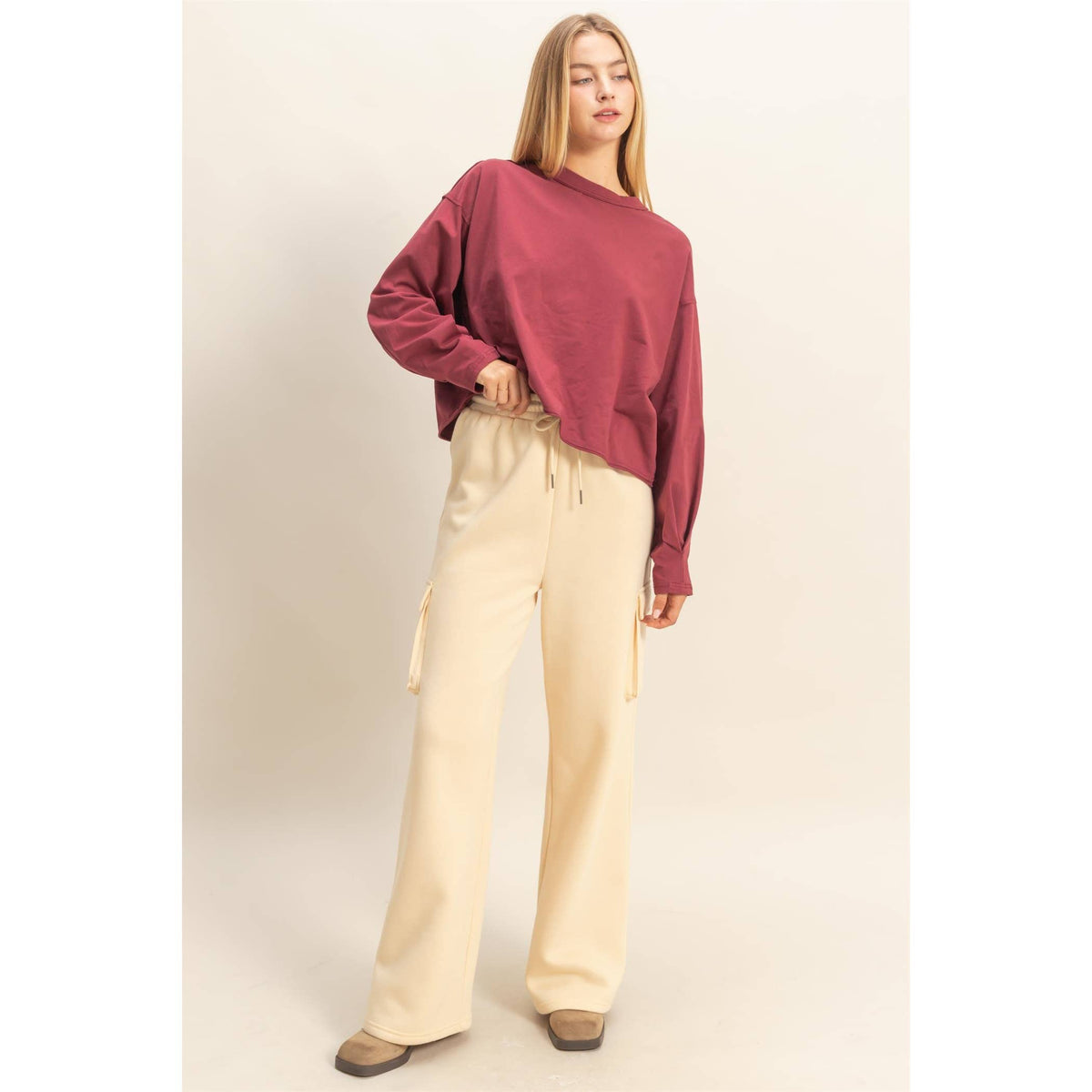 Mineral Washed Casual Long Sleeve Top: WINE