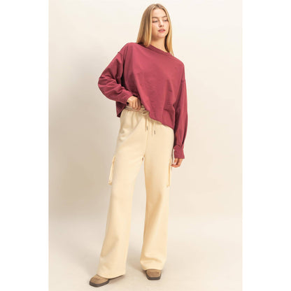 Mineral Washed Casual Long Sleeve Top: WINE