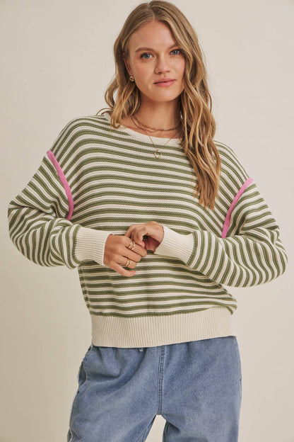 CRISP AIR COTTON SWEATER TOP WITH MODERN POP OF CONTRAST