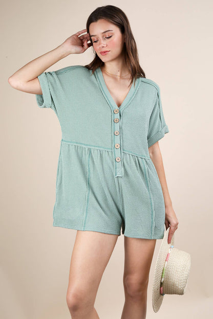 Two Tone Ribbed Knit Comfy Casual Romper