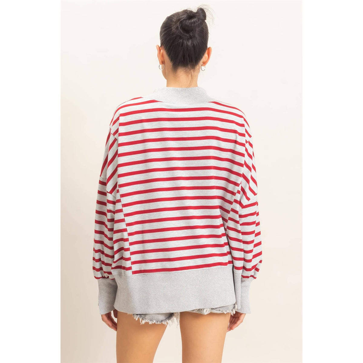 Striped Mock Neck Sweatshirt: H.GRAY/RED