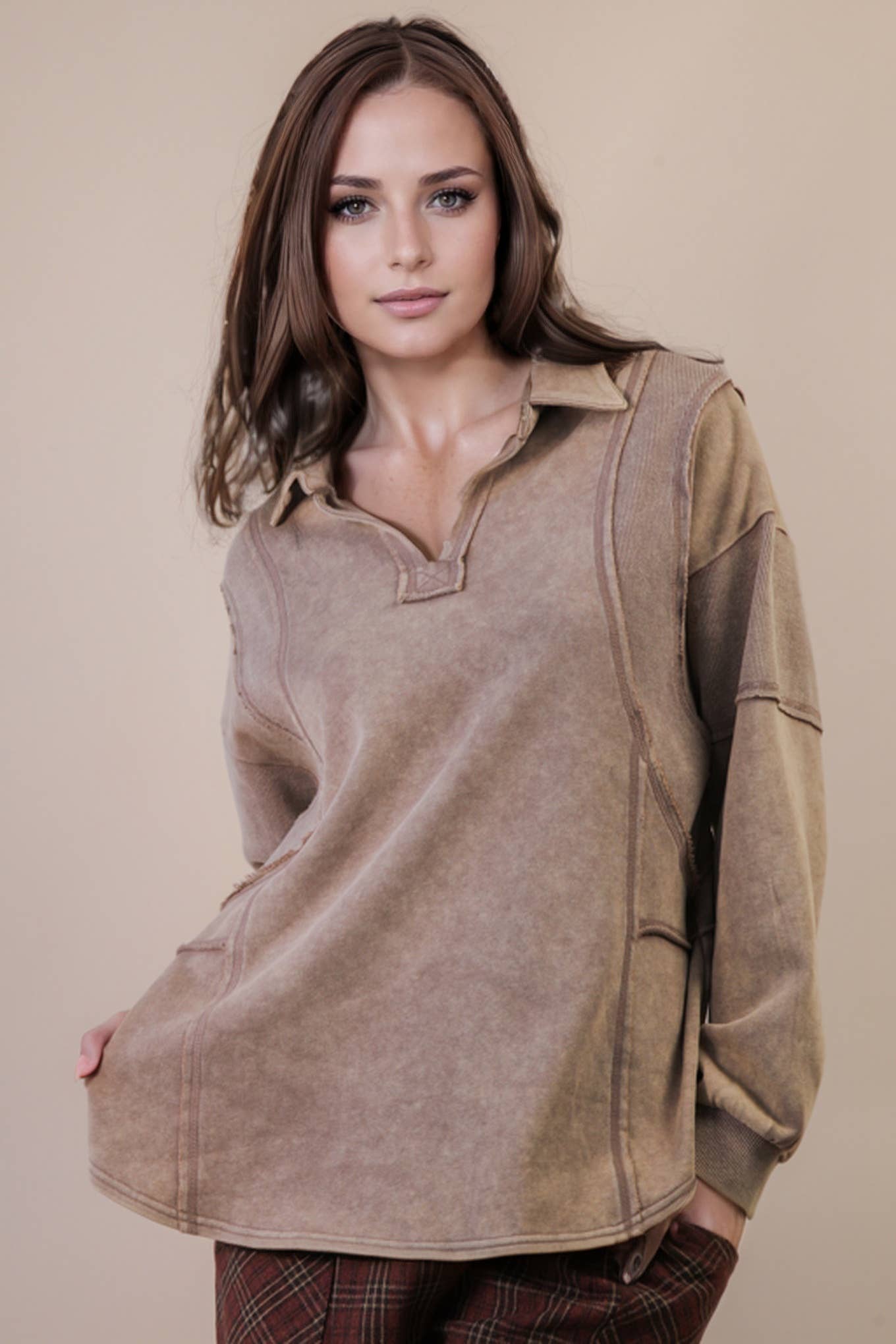 Mineral Washed Oversized French Terry Knit Top: MOCHA