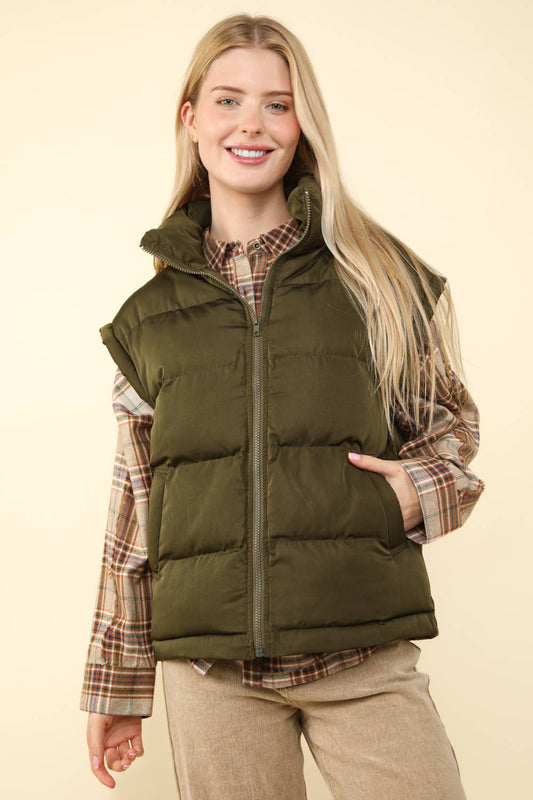 High Neck Casual Comfy Puffer Vest: OLIVE