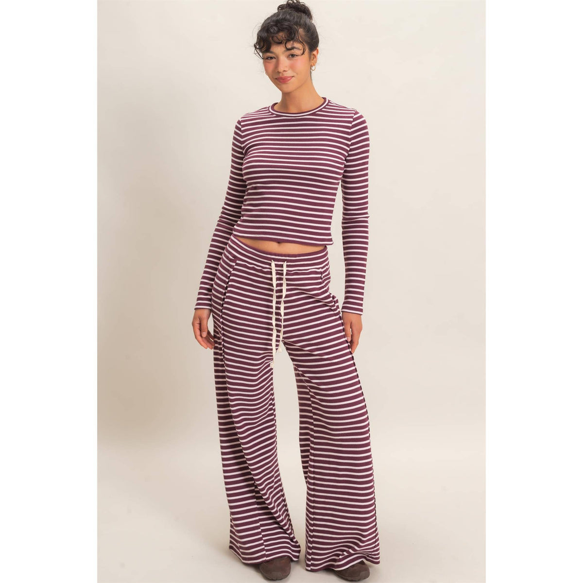 Striped Waffle Long Sleeve Set: DARK CHERRY